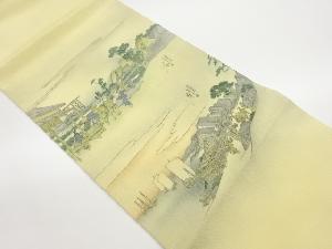 縮緬地手描き時代風景模様開き名古屋帯（額縁仕立て）